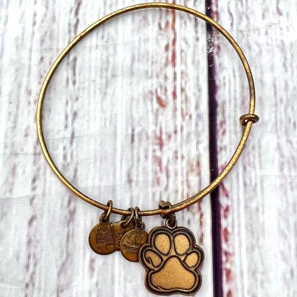 Alex & Ani Dog Paw Brass Toned Bangle Charm Bracelet Pre-Loved - Picture 2 of 5